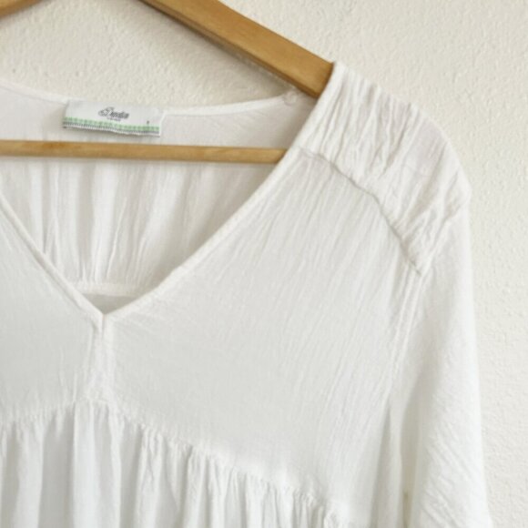 Devotion Twins Dress White Gauze Ruffle Midi V-Neck 3/4 Sleeve Peasant - Picture 2 of 8